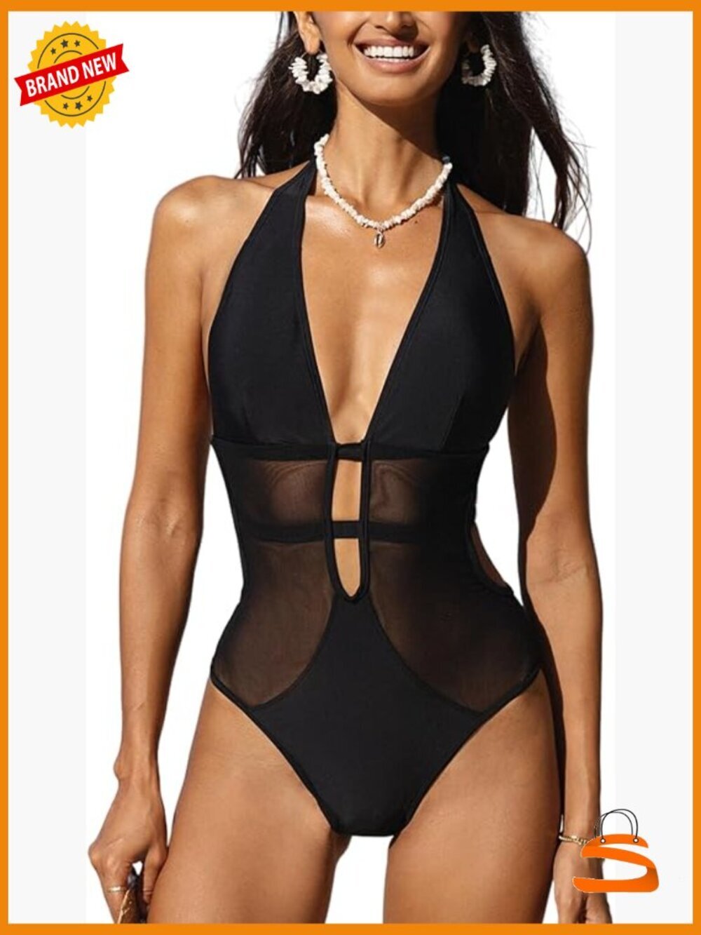 Deep V Neck Halter Back Tie Mesh One Piece Swimsuit Women Swimsuit Sleeveless